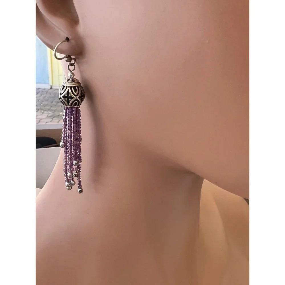 Brighton BOHO ROOTS Purple Beaded Tassels Silver Tassels Earrings 3” NWT